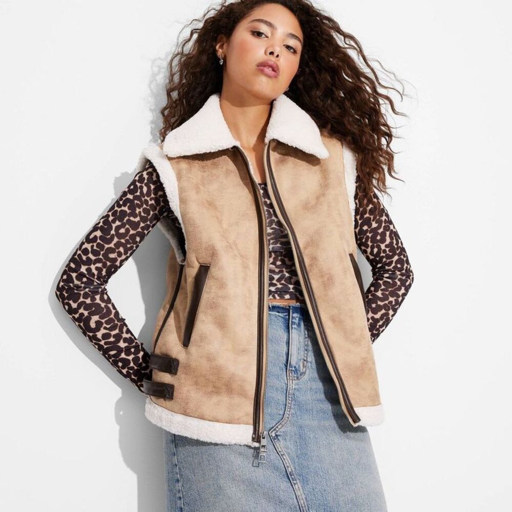 Open Box - Wild Fable -  Women's Faux Shearling Vest Sleeveless  Tan